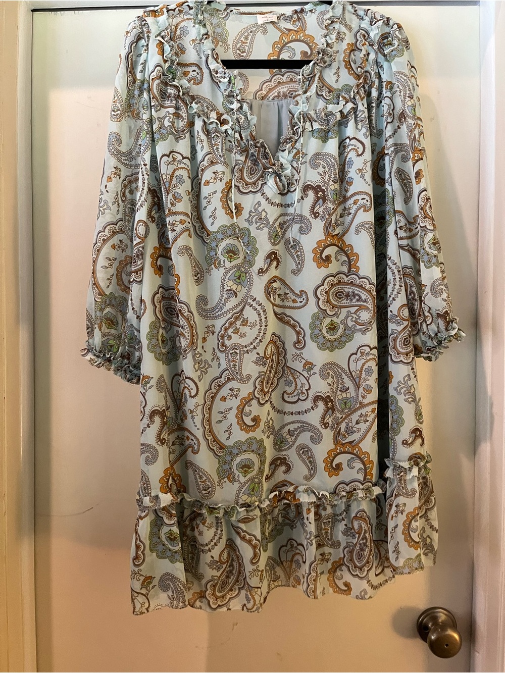Wilfred Paisley Ruffle Neck Tunic in Light Blue with Brown & Green Accents